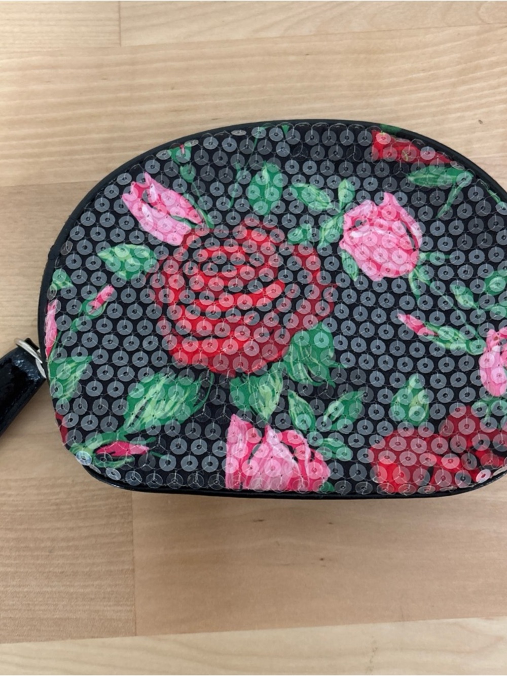 Betsey Johnson Black Cosmetic Pouch with Pink & Red Floral Sequins - Picture 3 of 7